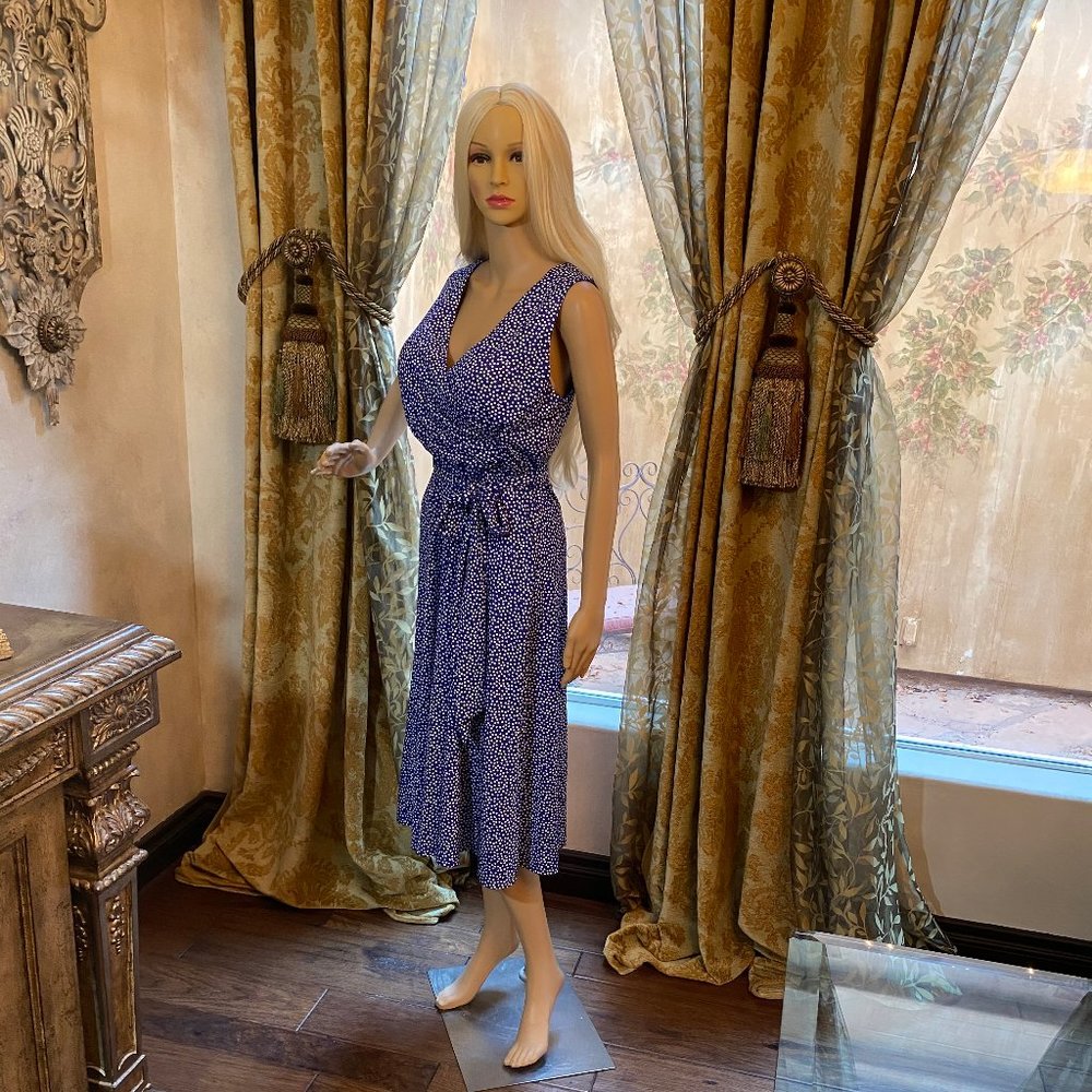 Blue Dotted Fit & Flare Midi Dress with Waist Sash